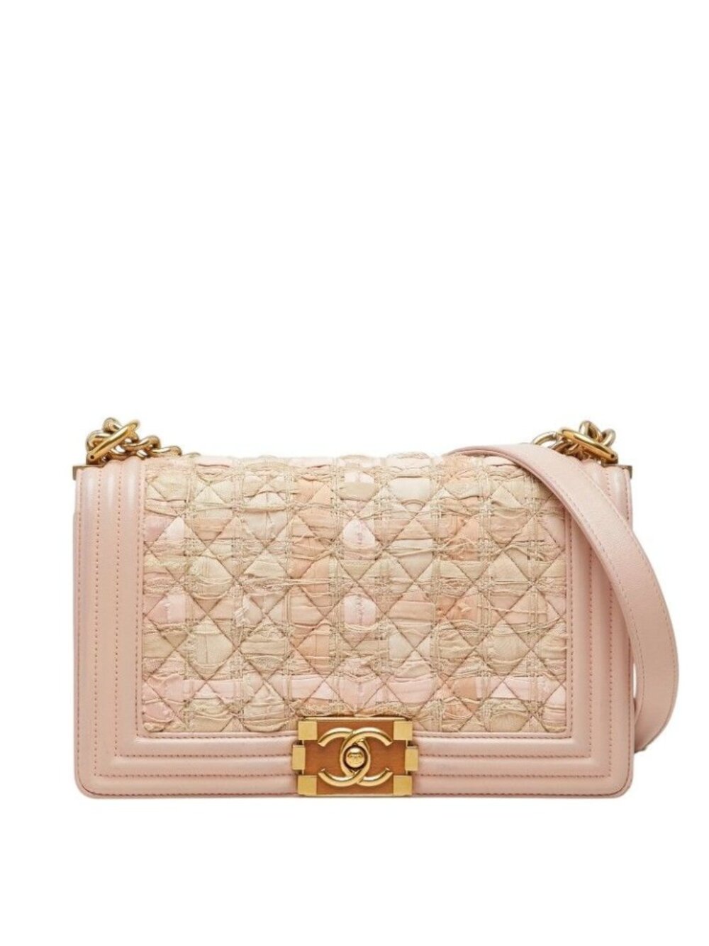 Chanel CC Logo Boy Chain Shoulder Bag Pink Lambskin Tweed